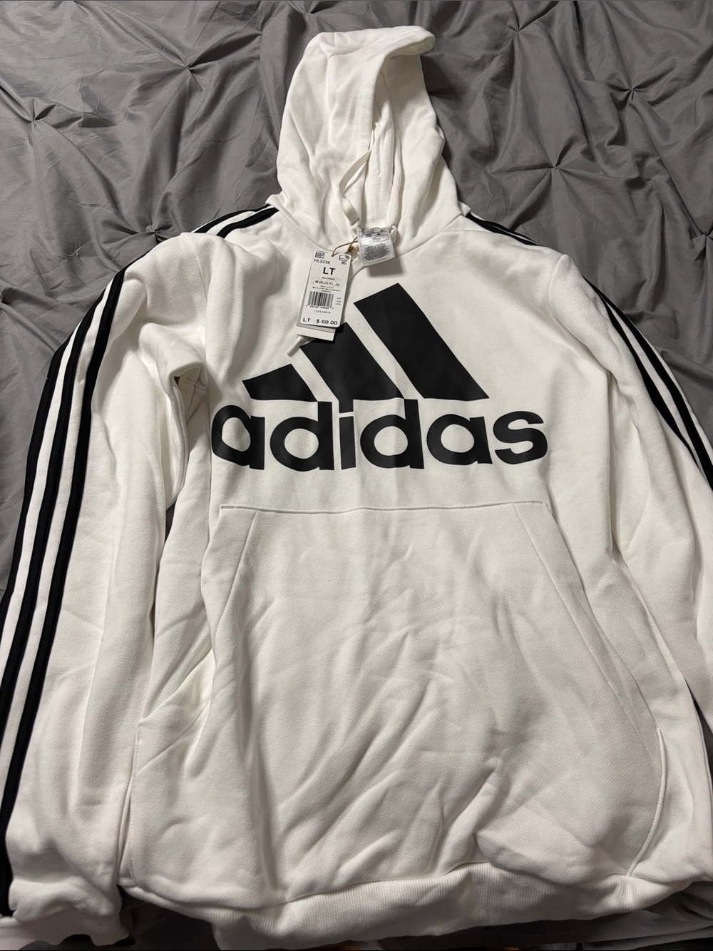adidas White Hoodie with Black Logo and Three-Stripe Sleeves